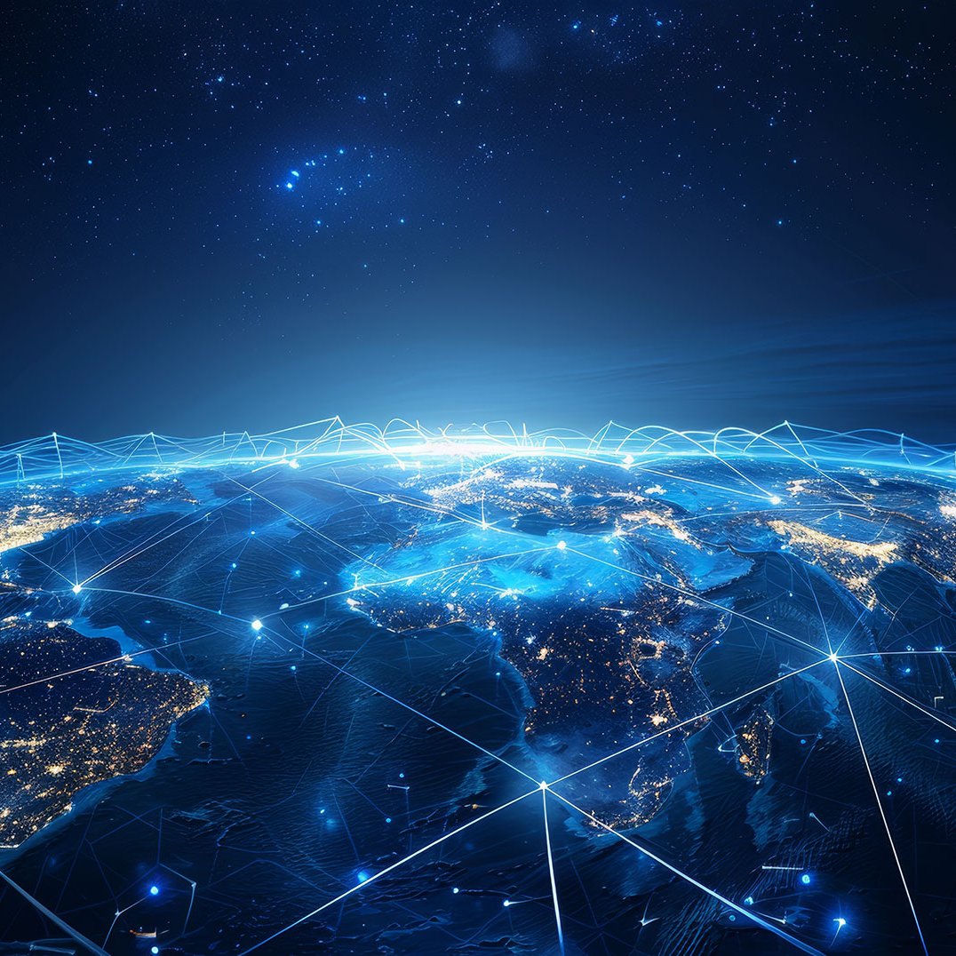 Eine digital vernetzte Erde, umgeben von leuchtenden Linien und Sternen